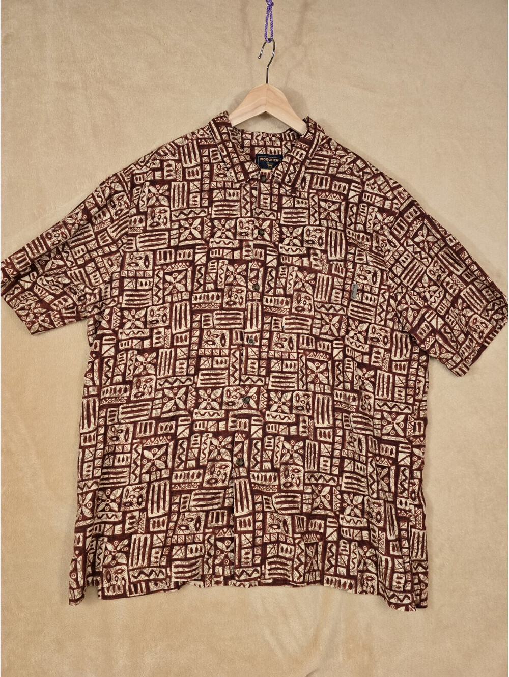 Woolrich Hawaiian Shirt Mens Large Geo Print Short Sleeve Button Tabasco Batik